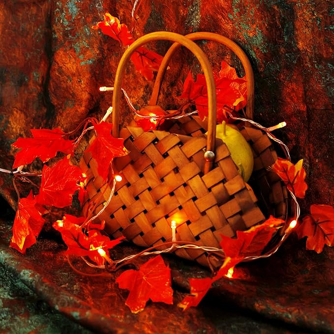 VCOKEN Thanksgiving Decorations Fall Garland with Lights, 24LED Battery Operated Thanksgiving Lights with Timer, Fall Decor for Home, Table, Mantle, Office, Outdoor, Autumn, Halloween, Yellow