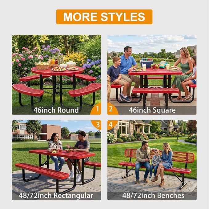 46In Round Outdoor Picnic Table – Heavy-Duty Commercial Steel Table with Thermoplastic Coating, Weatherproof & Rust-Resistant, Perfect for Parks, Patios, Schools & Campgrounds (red)