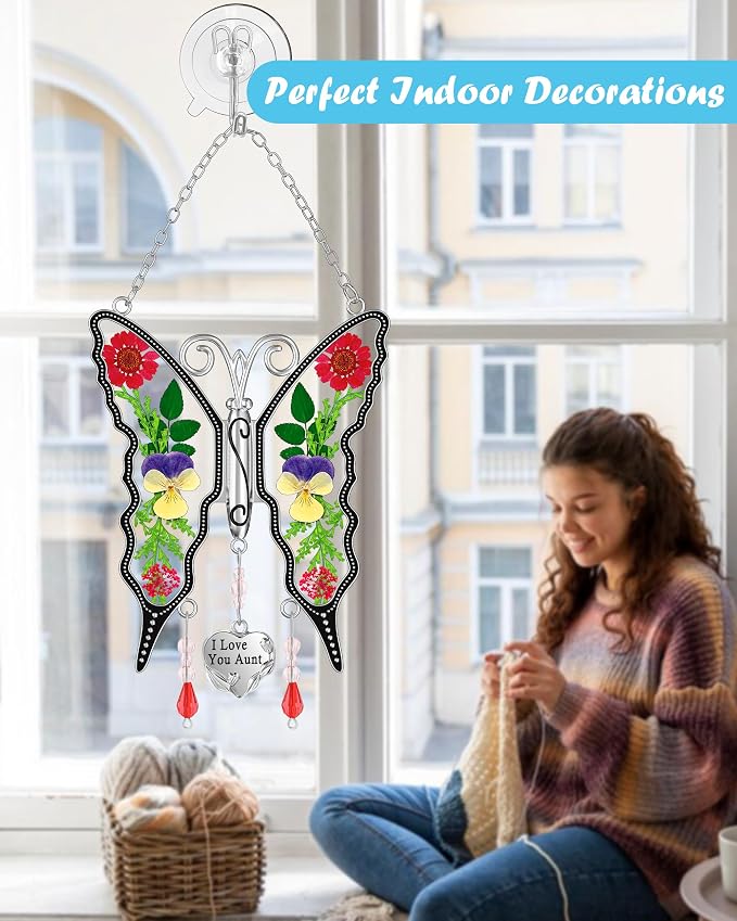 KY&BOSAM Gifts for Aunt Butterfly Suncatcher Stained Glass Windows Hanging | Keychain for Wind Chime,I Love You Aunt Charm,Pressed Real Flowers,Glass,Gifts for Aunt Birthday Mothers Day Christmas