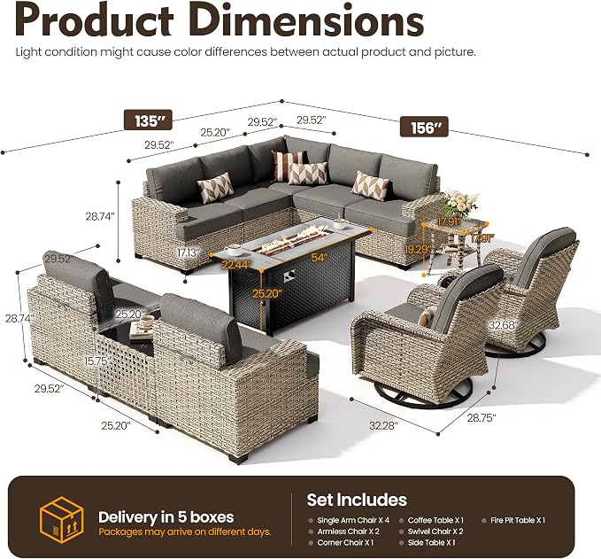 HOOOWOOO Sectional Patio Furniture Set with Fire Pit Table,12 Pieces Wicker Outdoor Furniture L Shaped Couch,Outside Conversation Set Extra Deep Seat Sofa Wide Arm Swivel Chairs Solar Light,Black