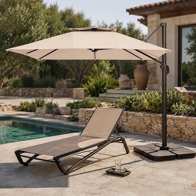 10FT Cantilever Patio Umbrella with Solar Lights, Large Outdoor 2 Tier Aluminum Offset Square Umbrellas 360 Degree Rotation for Garden Deck Pool