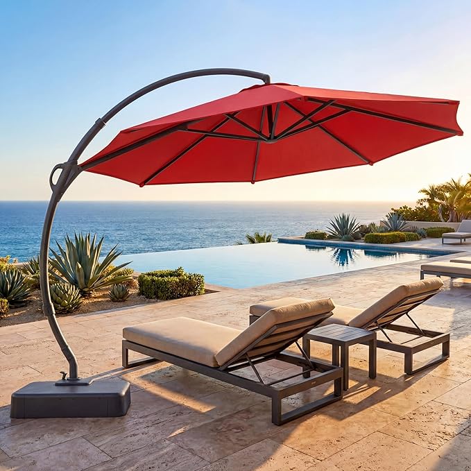 EO Living Outdoor Patio Umbrella with Base included, 11 FT Deluxe Curvy Cantilever Umbrella Heavy Duty Offset Hanging Umbrella with 360° Rotation for Pool, Garden, Backyard, Deck (Red)