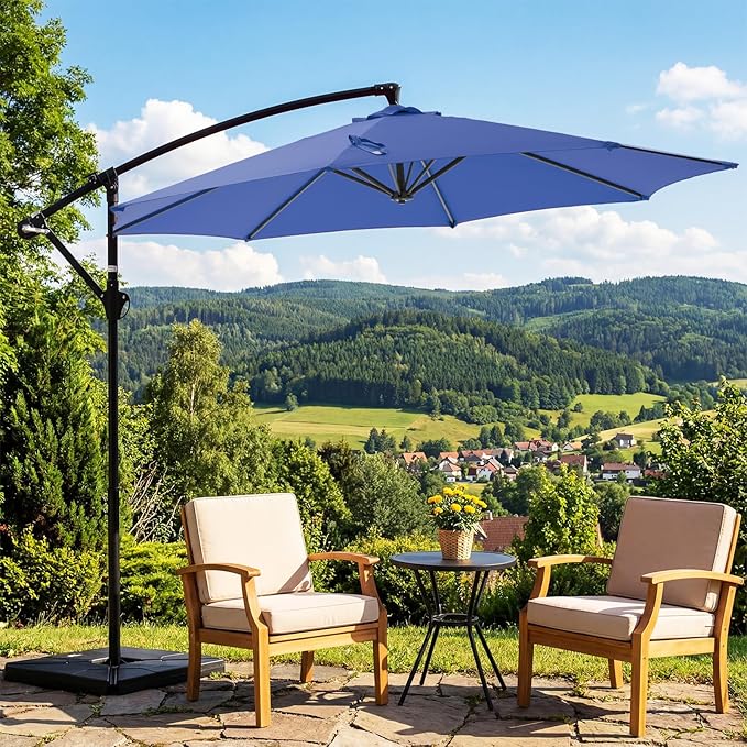 OLIXIS 9.8FT Offset Patio Umbrella with Base, Cantilever Table Umbrellas for Outdoor Sun Shade UV Protection with Easy Tilt Adjustment, 8 Ribs for Backyard, Lawn, Garden, Pool