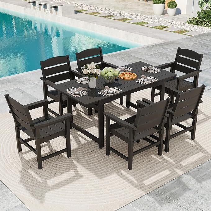 7 Piece Patio Dining Set,Patio Furniture Set for 6,Outdoor Table and Chairs with Umbrella Hole,All-Weather 67” Rectangular Dining Table with Non-Slip Mat for Garden,Poolside,Backyard,Black