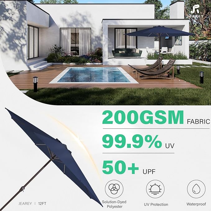 JEAREY 12' Patio Umbrellas Outdoor Table Market Umbrella w/Crank, 8 Sturdy Ribs, UV Protection Windproof for Garden, Deck, Backyard, Pool(Navy Blue)