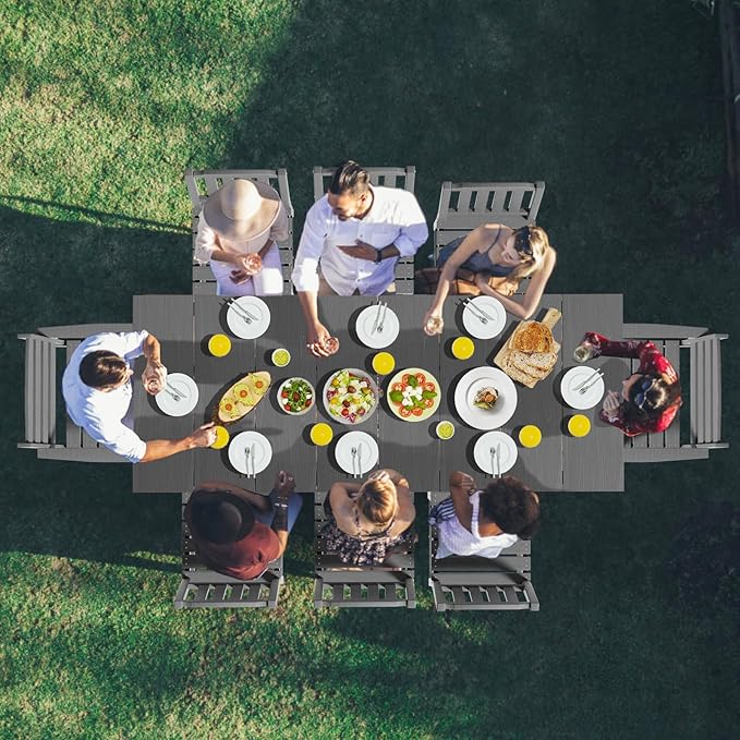 LOUNZY 9 Pieces Patio Dining Sets, Outdoor HDPE Furniture Set for 8 w/ 2" Hole Cut-Out Dining Table with 8 Patio Chairs(2 W/Armrest, 6 w/o Armrest), Gray
