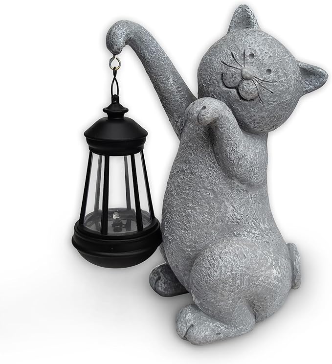 Cat Solar Garden Statues,Resin Cat Figurine Decorations with Solar Lights Lantern, Outdoorļ¼Statue Decor Art for Lawn,Yard,Unique Housewarming Gift for Garden Home