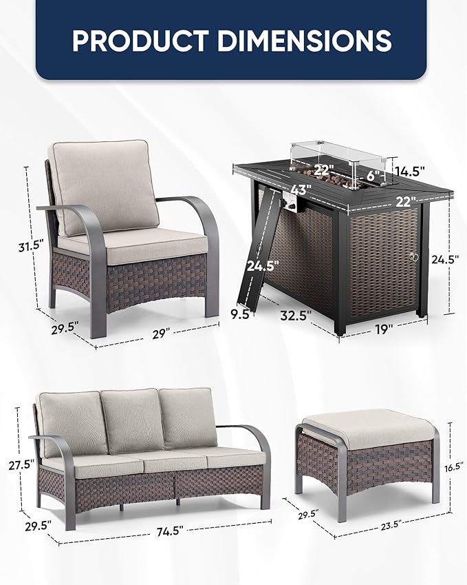 HUMMUH Outdoor Patio Furniture Set with Fire Pit-PE Wicker Patio Chairs Set of 2 with Rattan Sofa Patio Conversation Set for Deck Porch Garden Poolside Backyard-Brown/Beige