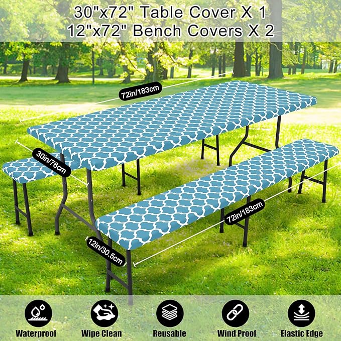 Smiry Picnic Table Cover with Bench Covers, Waterproof Elastic Fitted Tablecloth for 6 Foot Tables, Washable Polyester Tablecloths for Camping, Indoor & Outdoor (Light Blue, 30x72 Inch 3-pc Set)