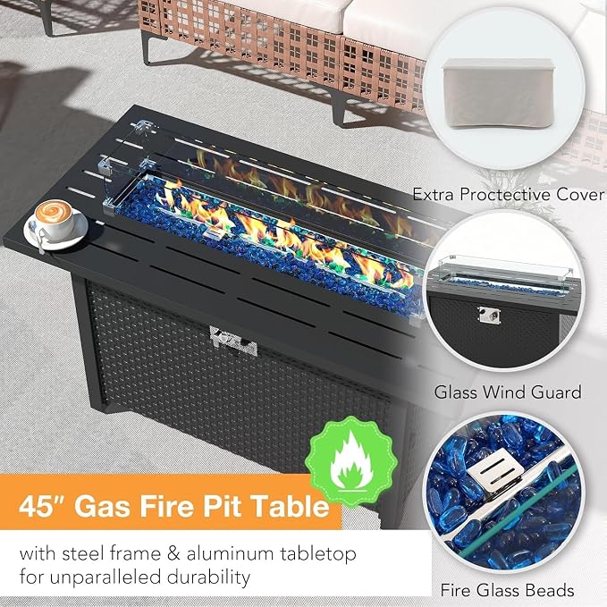 8-Piece Wicker Patio Furniture Set with Propane Fire Pit Table, Natural PE Rattan Outdoor Sectional Sofa with Water-Resistant Cushions, Wind Guard and Cover for Backyard Lounge Area(Blue)