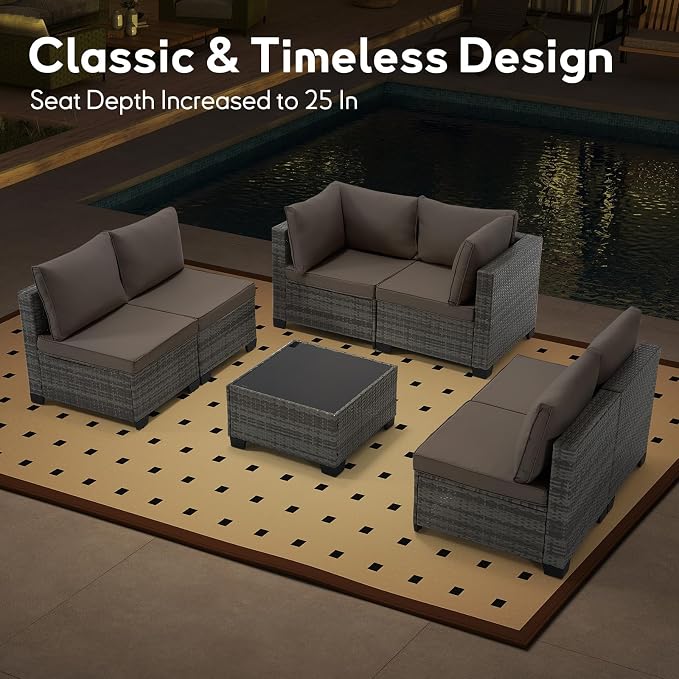 Bonzy Home 7 Pieces Outdoor Patio Furniture Set, PE Rattan Outdoor Sectional Furniture Sofa Set with Removable Cover and Glass Coffee Table, Patio Sofa for Balcony, Porch, Garden, (Grey-Khaki)