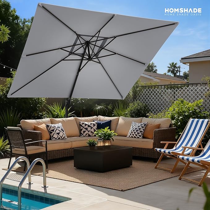 HOMSHADE 10x10 FT Cantilever Patio Umbrella Outdoor with Base- Large Offset Heavy-Duty Aluminum Umbrella with 360° Rotation, 6 Tilts, Windproof, 3-Year Fade Resistance for Pool Deck, Square, Grey