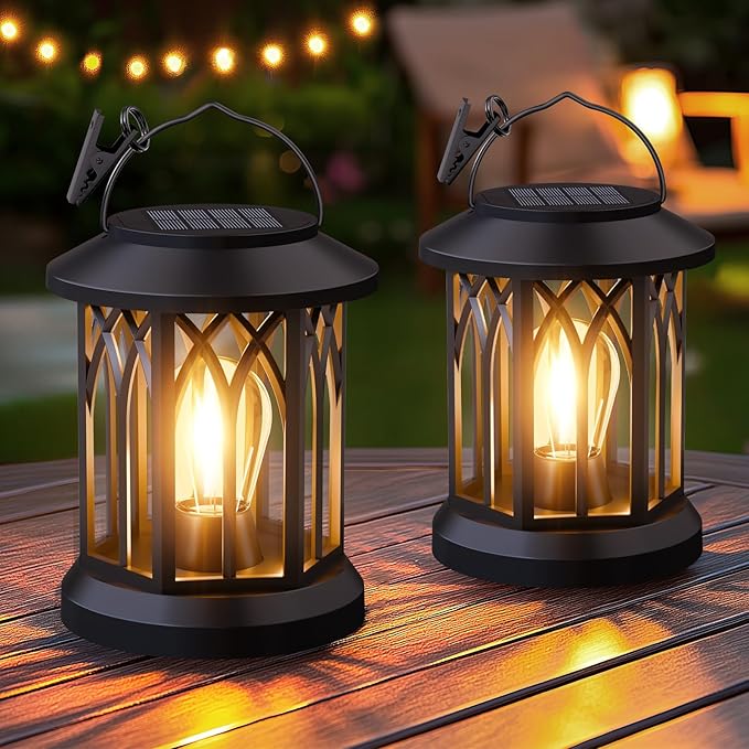 Solar Lanterns Outdoor Waterproof 4-Pack: Hanging Lantern Accent Warm Light | Hang & Clip for Patio Table, Ip65 Waterproof, Auto On/Off, Lasts 12-15h Glow, High-Capacity Battery, Warm Ambiance, No Wiring