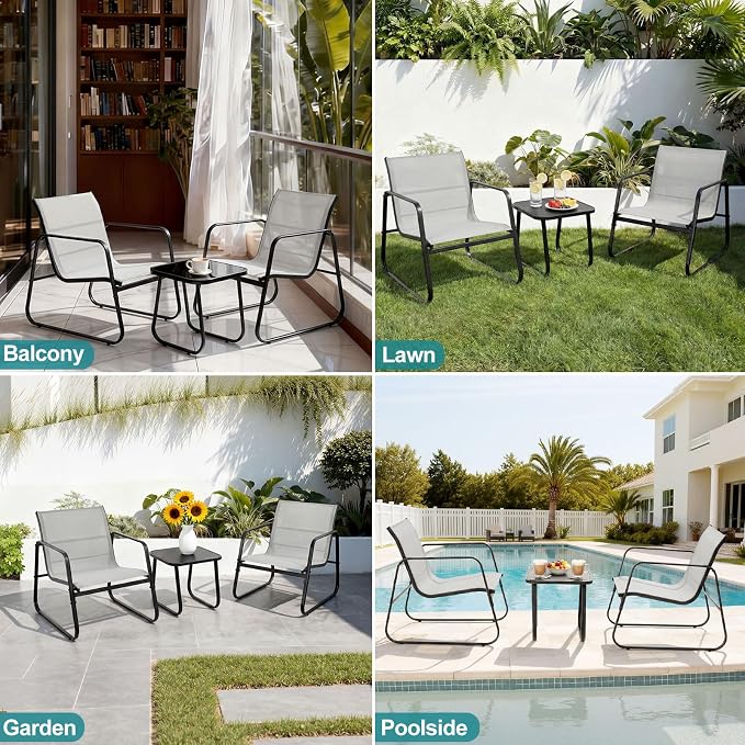 DUMOS 3 Piece Patio Furniture Set,Outdoor Patio Furniture Set with Table and Chairs, Sectional Bistro Sets for Lawn, Garden, Balcony, Pool, Poolside Gray