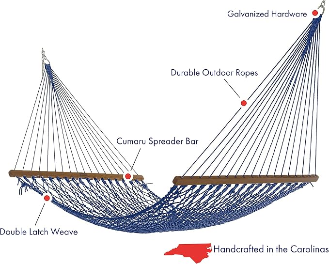 Nags Head Hammocks Admiral Navy DuraCord Rope Hammock – 13 ft. x 60 in., 2-Person, 450 lb Capacity, Cumaru Spreader Bar, Free Chains & Tree Hooks, Handcrafted in The USA