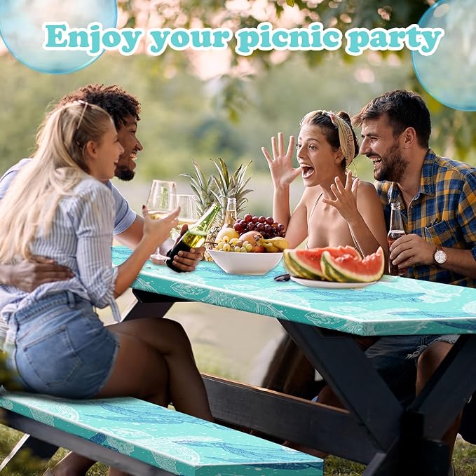 Boao 3 Pcs Vinyl Picnic Table Cover with Bench Cover 6 ft 30 x 72 Inch Waterproof Fitted Tablecloth Flannel Backing Rectangular Elastic Edged for Camping Outdoor Patio Travel(Turtle)
