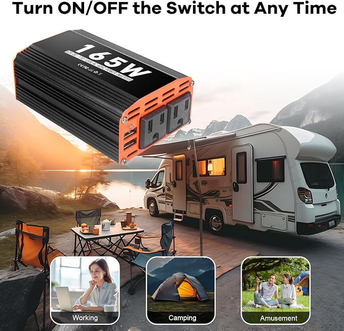 165W Car Power Inverter 12V AC to 110V/120V DC Converter Peak Power 330W Indoor & Outdoor Use with 2 AC Outlets & 2 USB Ports Car Laptop Charger Car Adapter