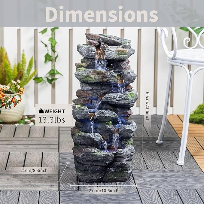 Rock Waterfall Outdoor Fountain with LED Lights Tiered Resin Stone Garden Fountains Outdoor Decor for Patio Lawn Backyard Cascading Tiered Outdoor Water Fountain