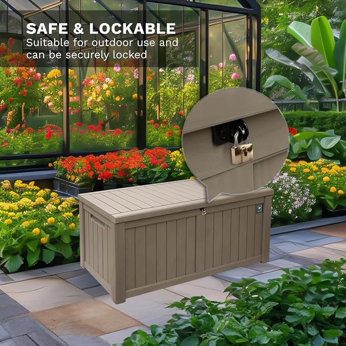 120 Gallon Large Outdoor Storage Box, Durable Deck Boxes Outdoor Waterproof, Resin Waterproof Deck Box for Patio Furniture Outdoor Cushions Garden Tools and Pool Storage (Light Brown, 120Gallon)