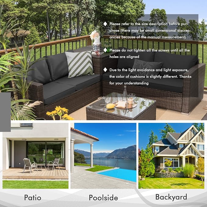 Tangkula 4-Piece Patio PE Wicker Furniture Set, Patiojoy Outdoor Sectional Sofa Set with Storage Box and Tempered Glass Tabletop, All-Weather PE Rattan Conversation Set with Removable Cushions (Grey)