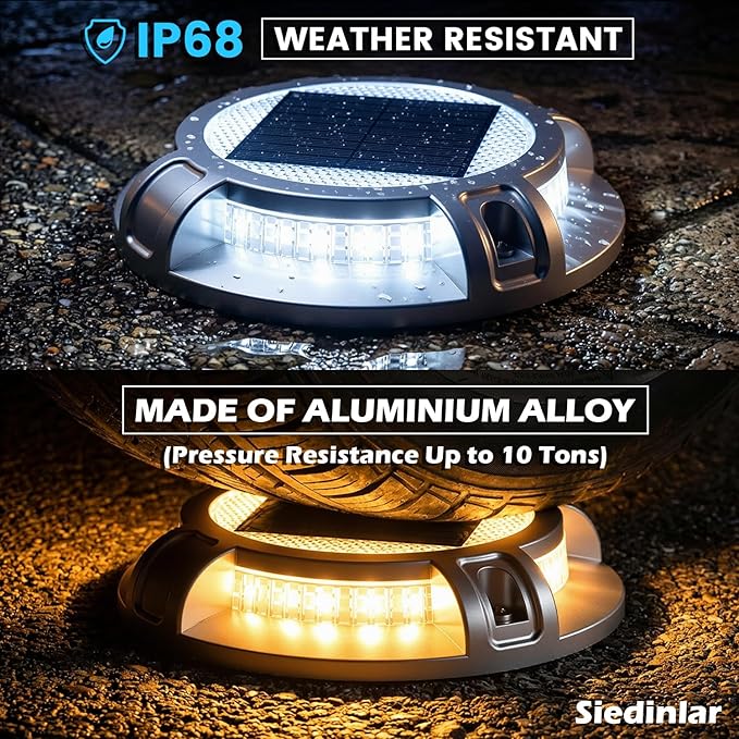 SIEDiNLAR Solar Driveway Lights Outdoor 4 Modes 40 LEDs Deck Driveway Markers Marine Dock Light Waterproof for Walkway Ground Pathway Step Garden Yard, White/Warm Dynamic Lighting (16 Pack)