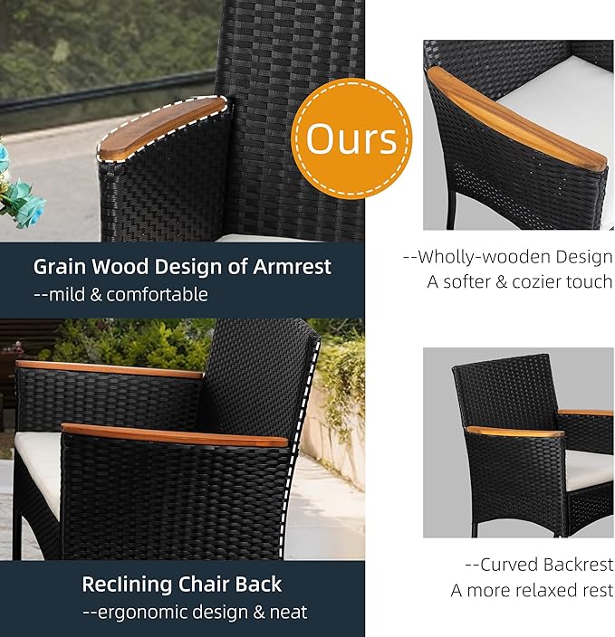 SUNLEI Multi Pieces Outdoor Patio Furniture Sets Conversation Sets Rattan Chair Wicker Set,Glass Table,Outdoor Indoor Use Backyard Porch Garden Poolside (Black, 4 PCS-White/Wood Tabletop)…