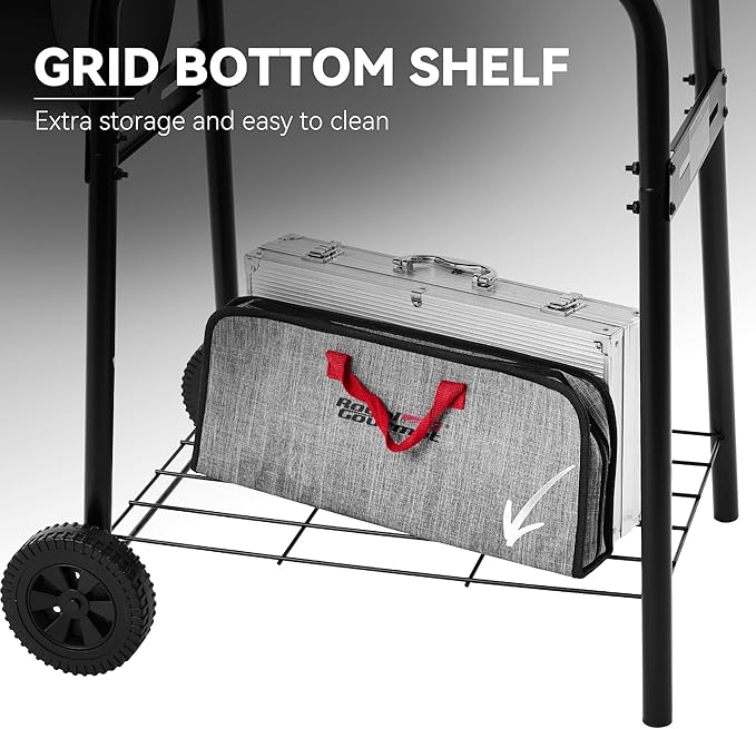 Barrel Charcoal Grill with Offset Smoker, Side Shelf with Hooks, Mesh Bottom Shelf, Blow-Molded Wheels, Outdoor Grilling and Backyard Cooking, CC1624S, Black