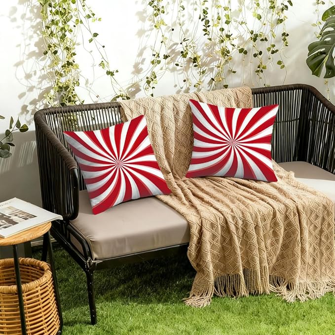 18x18 Inch Outdoor Pillow Covers Set of 2 Waterproof Throw Pillow Covers Decorative Couch Cushion Covers Candy Cane Swirl Square Pillowcases Protectors for Patio Garden Sofa