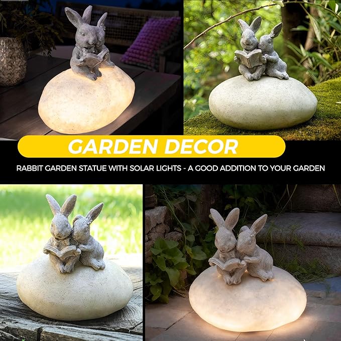 Solar Bunny Garden Statue with LED Light – Cute Solar Garden Decor Outdoor Rabbit Statue for Patio Yard Backyard Lawn, Bunny Decor Garden Statues, Easter Rabbit Gifts-Stone