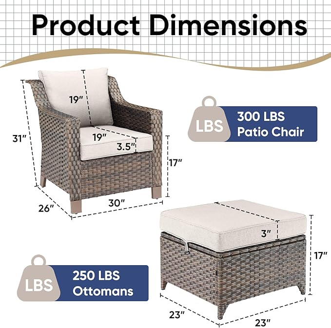 Outdoor Wicker Chair Patio Chairs-Rattan Wicker Chairs with Ottomans Patio Conversation Sets for Porch Garden Balcony Backyard Poolside-Brown/Beige