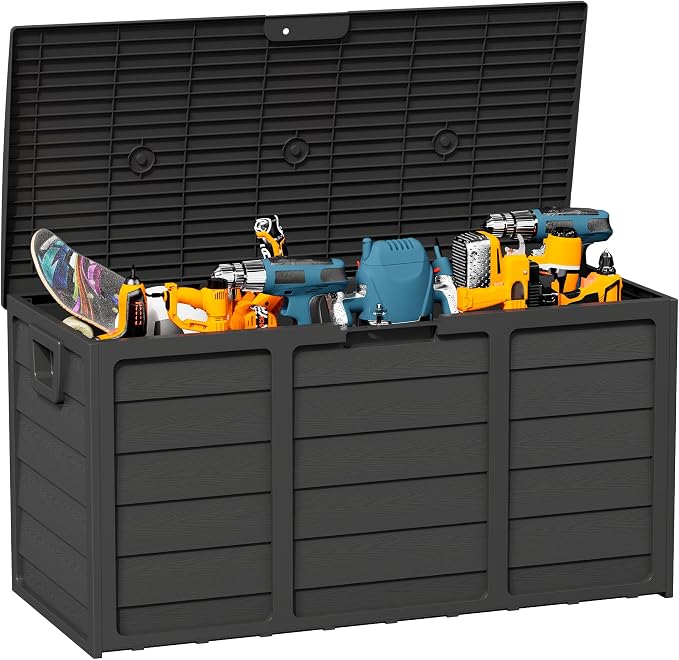 75 Gallon Outdoor Deck Storage Box - Heavy Duty Resin Container with Lockable Lid & Handles for Patio, Garden, Yard - Weatherproof (Black)