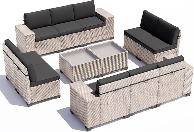 12 Pieces Patio Furniture Set, Outdoor Sectional Wicker Sofa with Thickened Cushions and Coffee Table, High Back Rattan Patio Conversation Sets for Garden Backyard, Black