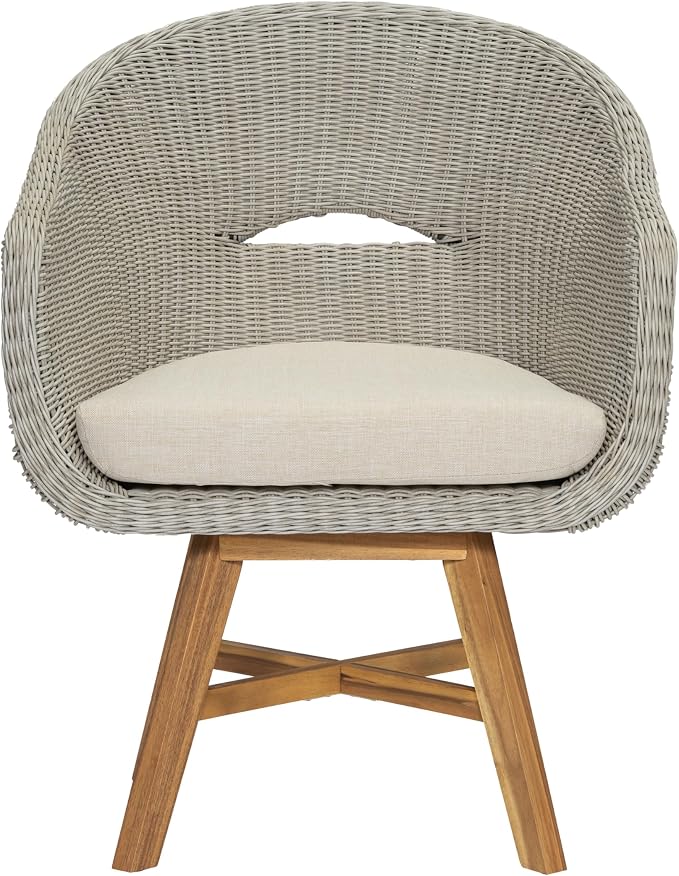 Christopher Knight Home Ambes 5 Piece Acacia Wood Outdoor Dining Set for 4, Patio Dining Table and Chair Set with Curved Rattan Backrest & Cushions, Outdoor Dining Table Set, Beige+Grey Ash+Brown
