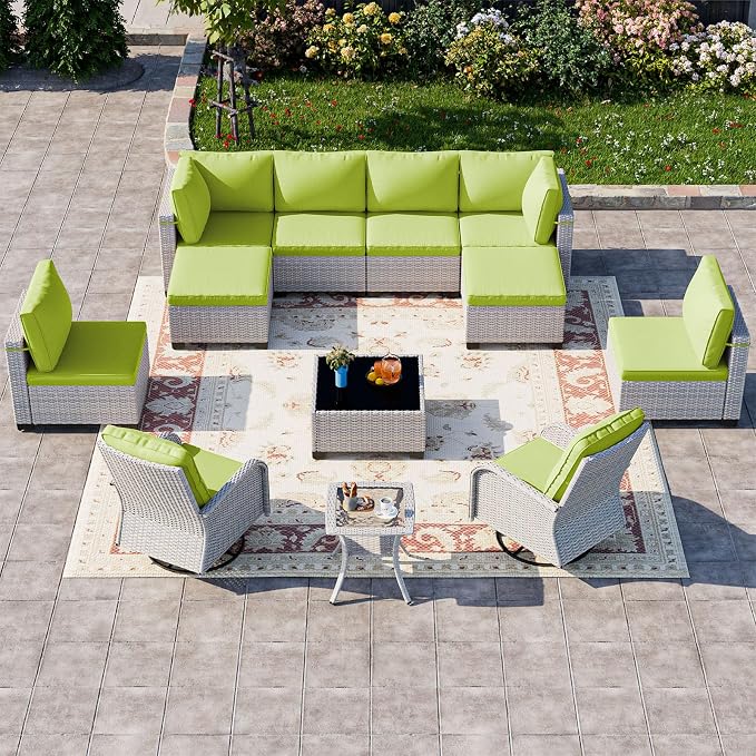 12-Piece Patio Furniture Set, Outdoor Patio Furniture with Swivel Chairs Set, Ottomans, Modular Patio Sofa, Dual-Strand Rattan, Rust-Resistant Frame, Grass Green