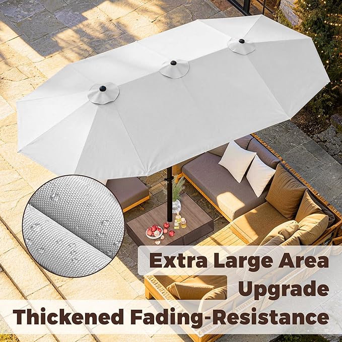 GDPFN 15FT Large Patio Umbrella, Outdoor Deck Standing Umbrella with Crank Handle, Double-Side Rectangular Pool Umbrella for Outside, Market, Patio, Light Gray (Base Not Include)