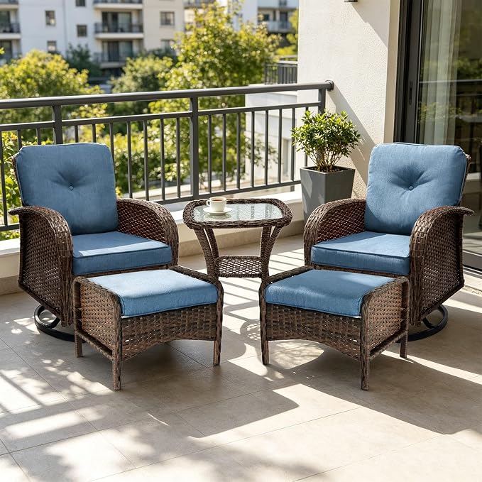All Weather Patio Furniture Set, High Back Swivel Rocker Glider Chairs,Ottomans & Glass Tables, Outdoor Conversation Set for Deck Porch Yard Poolside (Blue, 5PCS-Swivle Chairs&Ottomans&Table)