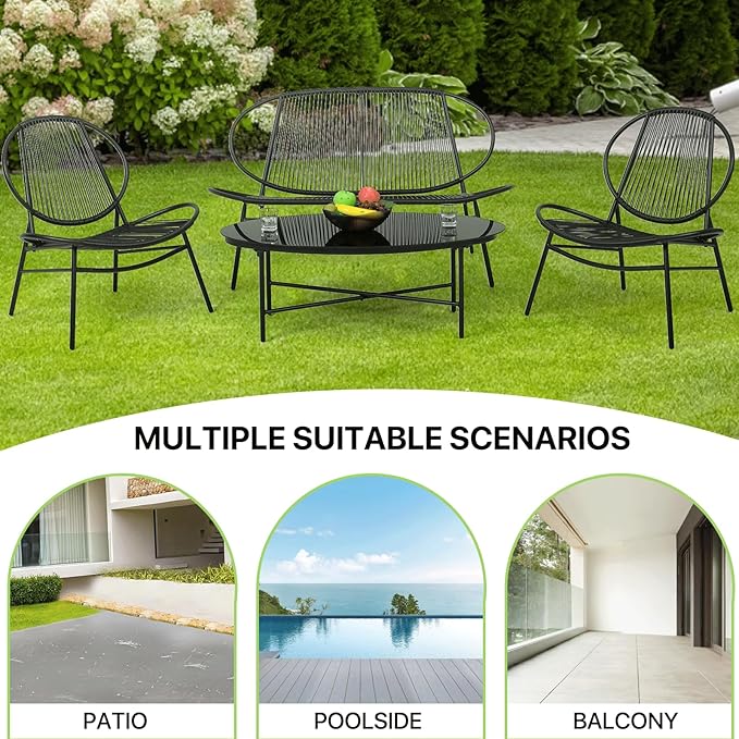 Magshion 4-Piece Outdoor Patio Furniture, All-Weather PE Rattan Wicker Loveseat and Chairs Conversation Set with Steel Coffee Table for Garden Backyard