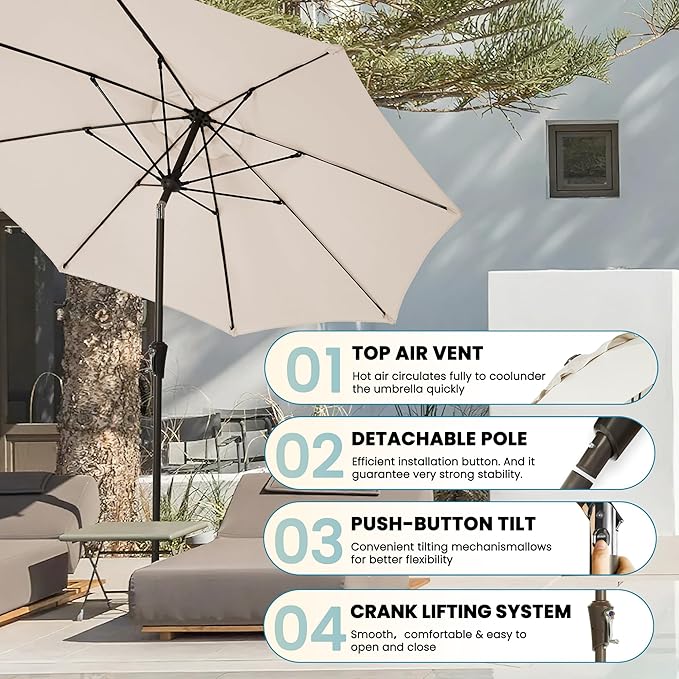 9FT Large Outdoor Patio Umbrella Pool Market Umbrella-UV Resistant, Easy Push Button Tilt and Crank, 8 Sturdy Ribs Heavy-Duty Table Umbrella for Deck, Backyard,Garden (Beige)