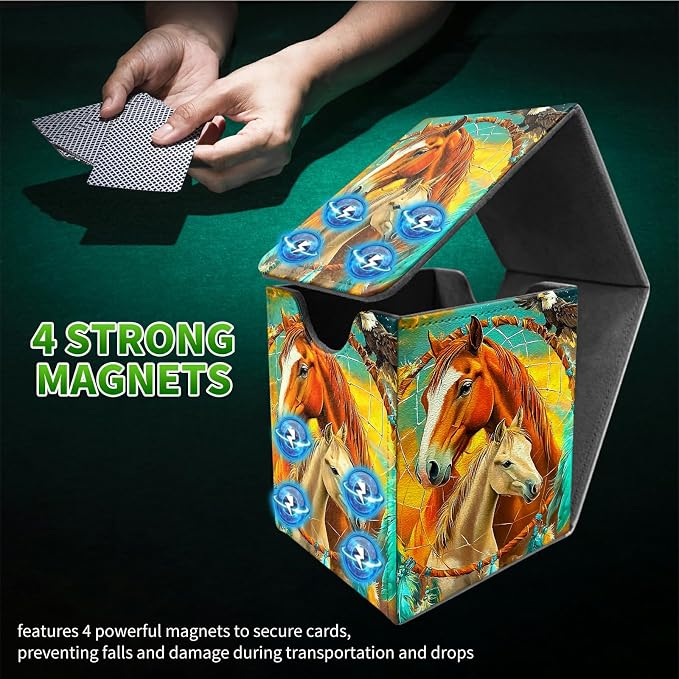 Deck Box for MTG, Cards Storage Box Fits 120+ Sleeved, Leather Medium Size Strong Magnetic Closing Card Case for Board Games Magic TCG CCG Baseball Collection, Two Horses Paving Dream Net