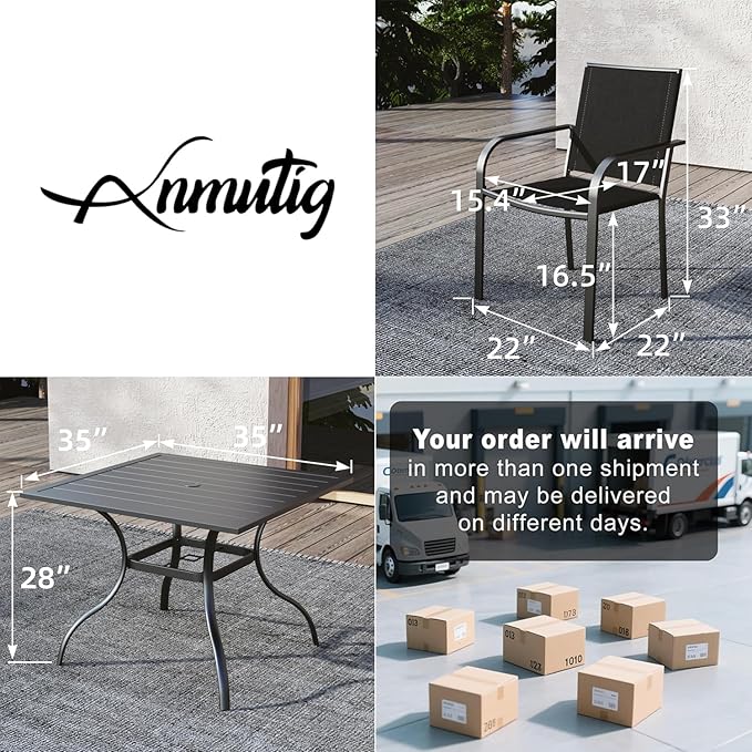 Anmutig 5 Piece Outdoor Table and Chairs Set, 4 Black Patio Chairs and 35 inch Square Table with Umbrella Hole
