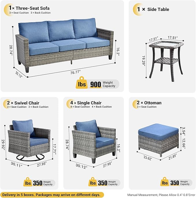 ovios 10 Pieces Patio Furniture Set, Outdoor Wicker Sofa Couch with Swivel Chairs, Rocking Glider Rocker with Comfy Cushions All Weather Rattan Conversation Set, Denim Blue