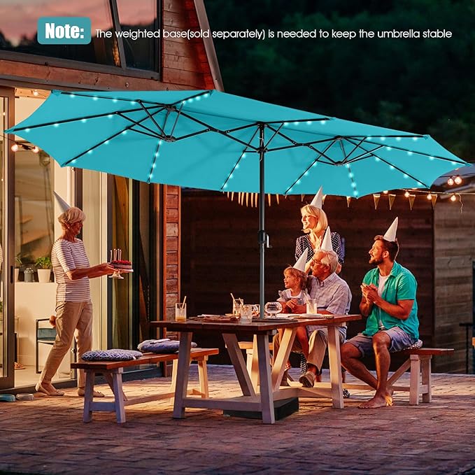 Giantex 15 FT Double Patio Umbrellas with 48 Solar LED Lights, Auto-Charging Panel, Crank System, Outdoor Extra-Large Rectangle Market Table Umbrella for Garden Deck Backyard Beach Pool