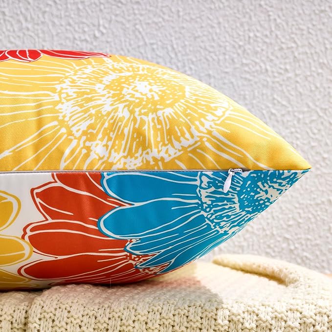 Outdoor Pillow Covers Waterproof Summer Throw Pillow Covers Red Orange Sunflower Decorative Floral Square Farmhouse Cushion Throw Pillowcase 16x16 Set of 2 for Living Room Sofa Patio Furniture Garden
