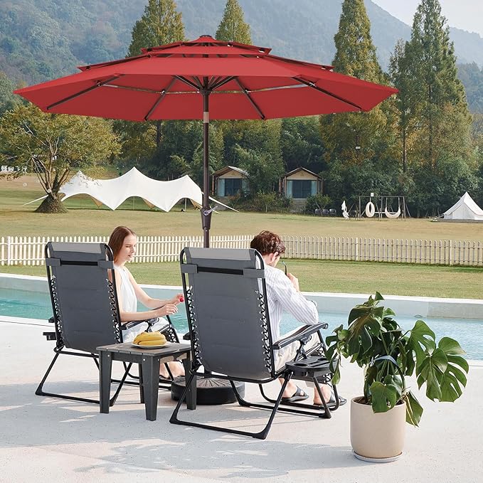 JEAREY 9FT 3 Tier Patio Umbrella Outdoor Market Umbrella Table Umbrellas with 8 Ribs 1.5 Pole Push Button Tilt and Crank UV Protection for Garden,Red