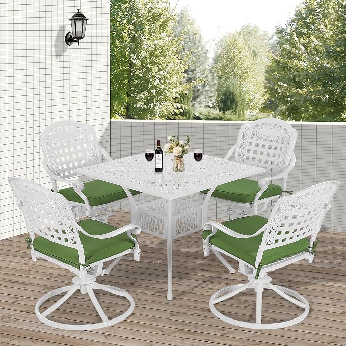 VIVIJASON 5-Piece Outdoor Patio Dining Set, All-Weather Cast Aluminum Conversation Set, Patio Furniture Set for Backyard, Include 4 Swivel Rocker Chairs, a 35.4" Square Table w/Umbrella Hole, White