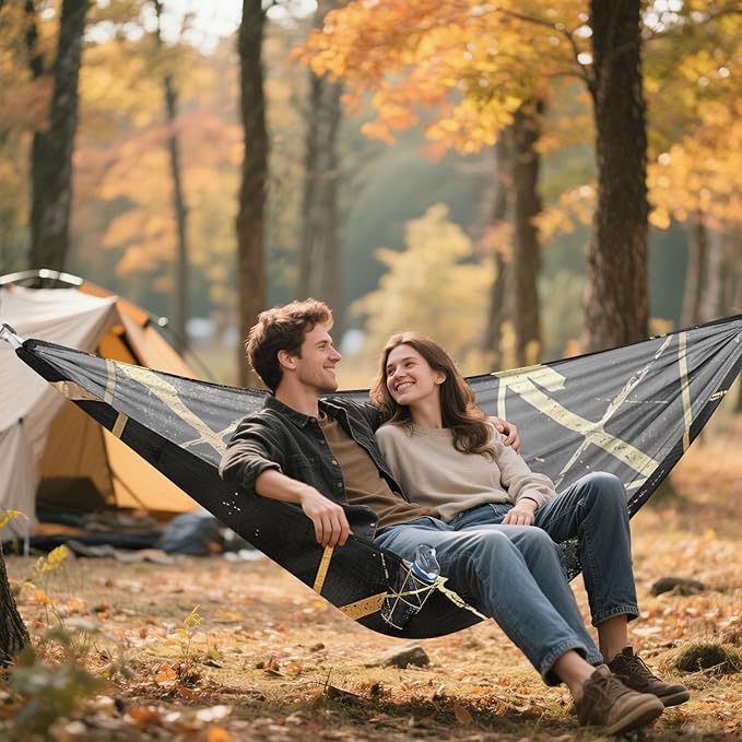 Black and Gold Plaid Geometric Lines 330lb Capacity Hammocks for Camping with Tree Straps Indoor Hammock for Indoor Outdoor Patio hamaca de Algodon para Jardin