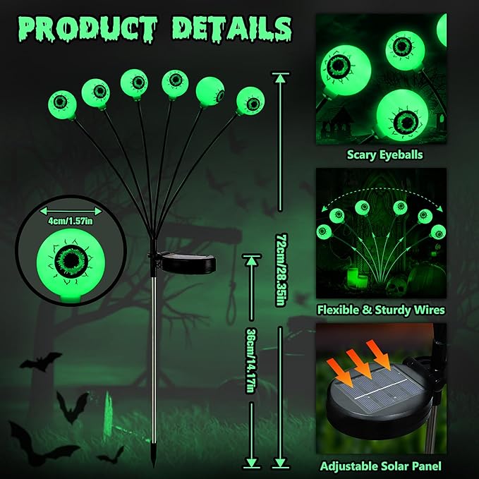 Brizled Solar Halloween Lights, 2 Pack Total 12 LED Green Halloween Eyeball Lights, 2 Modes Outdoor Green Eyeball Light, Swaying Outside Scary Pathway Light Waterproof for Garden Yard Lawn Path Decor