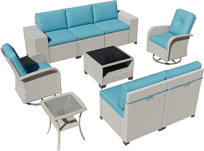 9-Piece Outdoor Patio Furniture Set, Modular Sectional Sofa Set with Swivel Rocker Chairs, Wicker Outdoor Couch Conversation Sets w/Coffee Table and Cushions, Turquoise