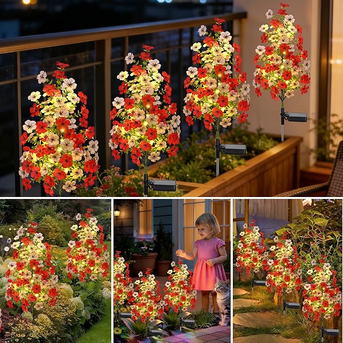 Solar Garden Flower Lights Outdoor Waterproof 4 Packs Solar Lights with Fake Orchid Flower Fairy Lights Outdoor Patio Yard Pathway Decoration Ideal Gifts for Women Mother's Day