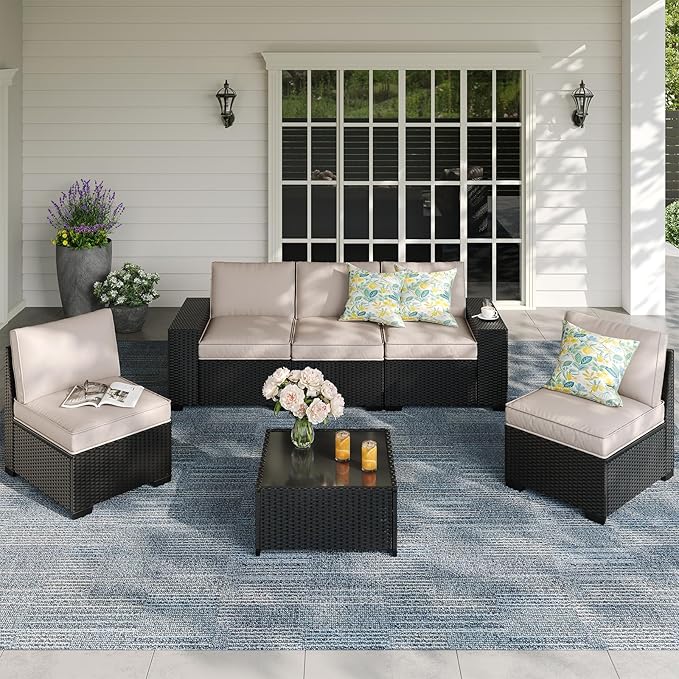 Patio Furniture Set, 6 Pieces Outdoor Couch Sofa with Wider Armrests & Glass Coffee Table, Outdoor Sectional Furniture with Thick Cushions for Party, Poolside,Garden-Beige
